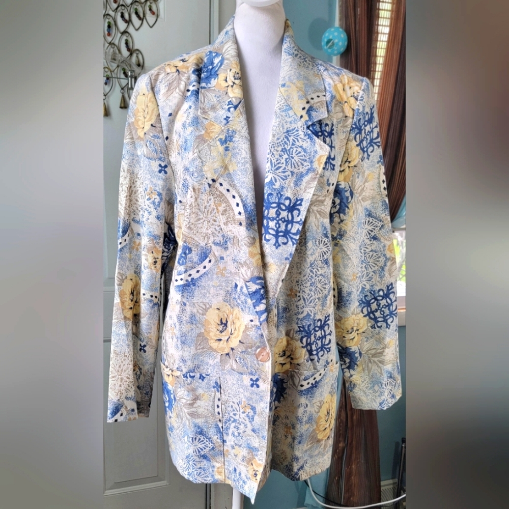 Vintage 80's Oversized Blazer Women's 12 Cream Blue & Yellow Floral Lightweight